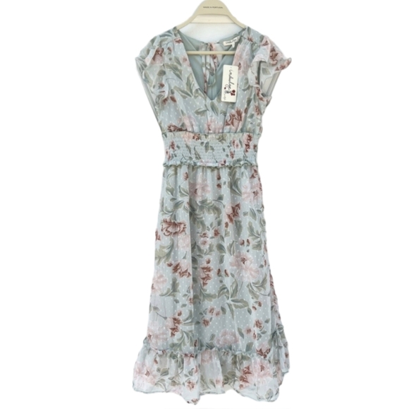 NWT Indulge in Style Pastel Floral Print Lined Ruffle V Neck Midi Dress Size XL - Picture 1 of 10
